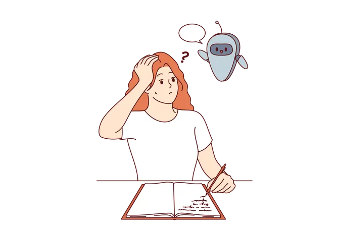 Robot assistant prompts young female student sitting at table and writing thesis  Illustration