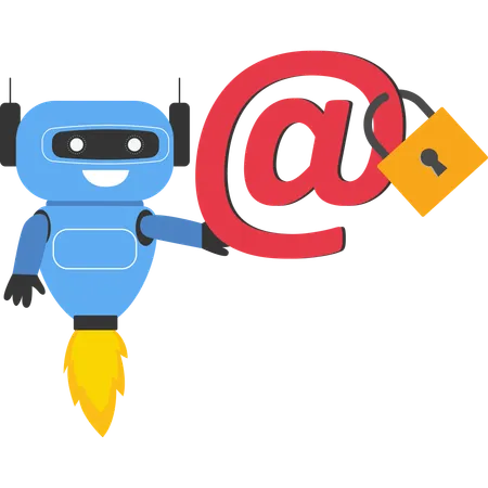 Robot avec intelligence artificielle avec une forte sécurité de cadenas sur le symbole de courrier électronique  Illustration