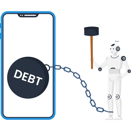 Robot avec marteau brisant la chaîne de dettes connecté à un téléphone  Illustration