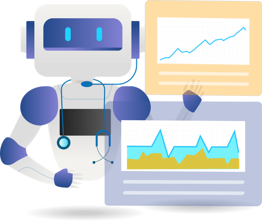 Un robot ayuda a los médicos a analizar los datos de los pacientes en el monitor  Ilustración