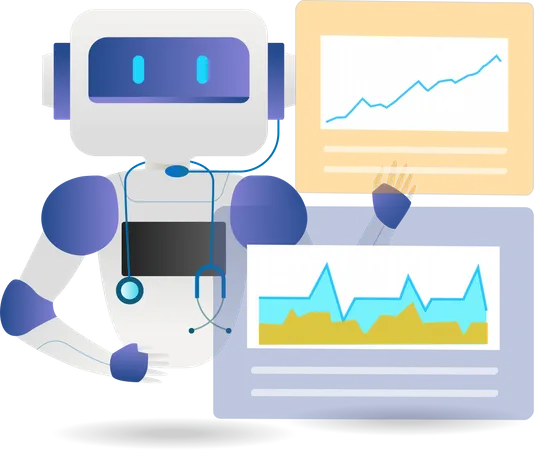 Un robot ayuda a los médicos a analizar los datos de los pacientes en el monitor  Ilustración