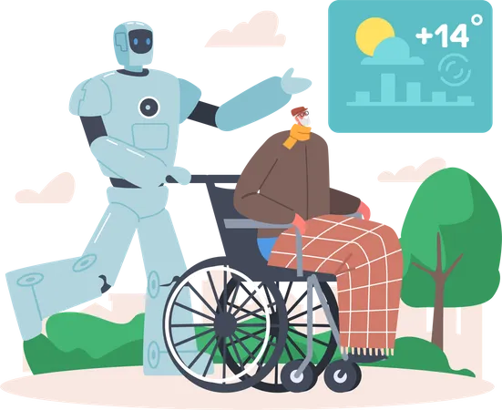 Robot ayudando al hombre discapacitado  Ilustración