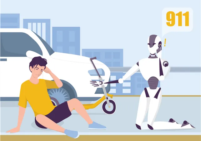 Robot Llamando A Una Ambulancia Para Ayudar A Un Hombre Servicio De Inteligencia Artificial Y Tratamiento Medico Futurista Robot Personal Domestico Para El Concepto De Asistencia A Personas Ilustracion Vectorial En Estilo De Dibujos Animados Ilustración