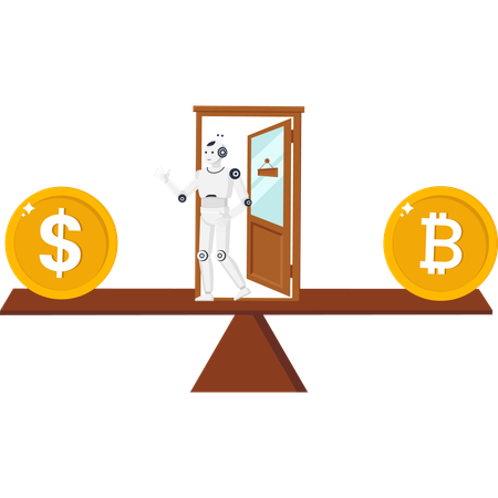 Robot balancing Bitcoin and Dollar coins on scale of cryptocurrency vs fiat money  Illustration