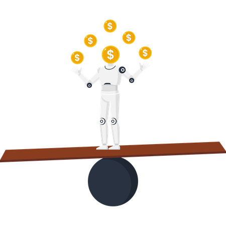 Robot balancing on beam juggling gold dollar coins for fintech investment and risk management  Illustration