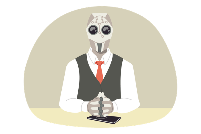 Robot boss of company sits at table with mobile phone and makes management decisions  Illustration