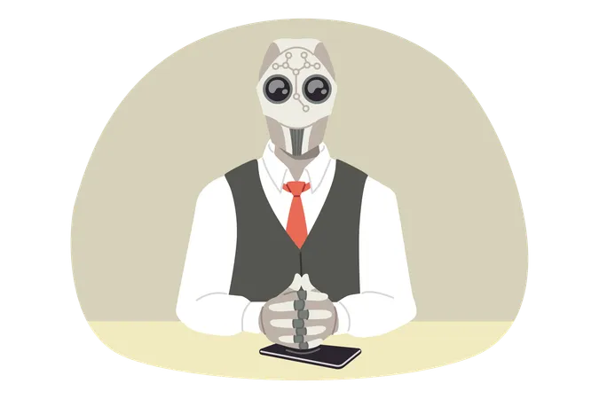 Robot Boss Of Company Sits At Table With Mobile Phone And Makes Management Decisions Cyborg Boss From Large Corporation In Formal Clothes And Tie After Introducing Innovative Technologies Into Robot Illustration