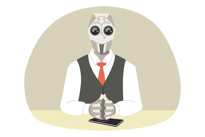 Robot boss of company sits at table with mobile phone and makes management decisions  Illustration