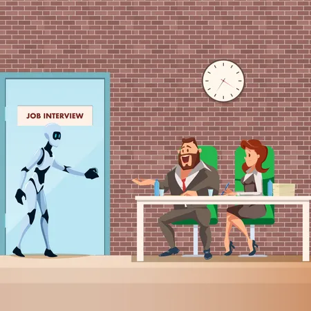 Robot candidate enter for job interview Illustration