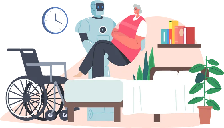 Robot Carrying Disabled Woman from Wheelchair to Bed  Illustration