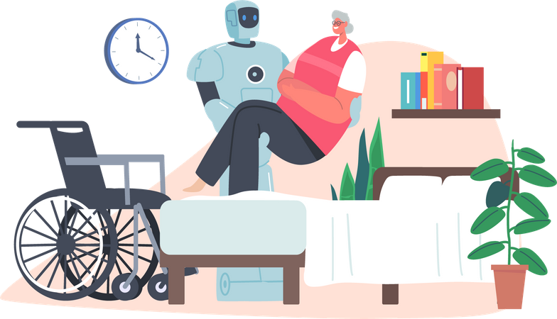 Robot Carrying Disabled Woman from Wheelchair to Bed  Illustration