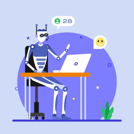 A Robot Assistant Working On Laptop AI Services Flat Illustration Illustration