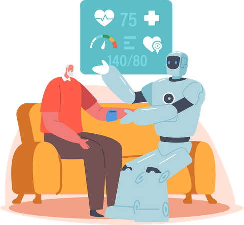 Robot Checking Blood Pressure of aged man Illustration