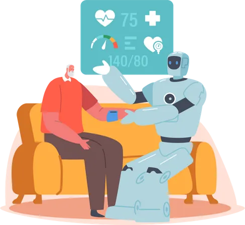 Robot Checking Blood Pressure of aged man  Illustration
