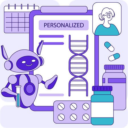 약을 주는 동안 DNA 보고서를 확인하는 로봇  일러스트레이션