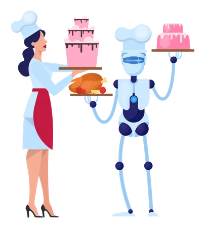 Chef robot cocinando un sabroso pastel en la cocina con una mujer  Ilustración