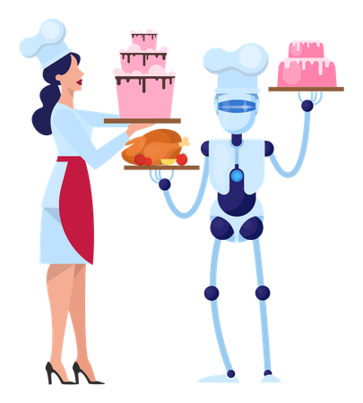 Robot chef cooking tasty cake on the kitchen with woman Illustration