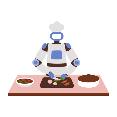 Un robot cuisinier coupe des légumes au restaurant  Illustration