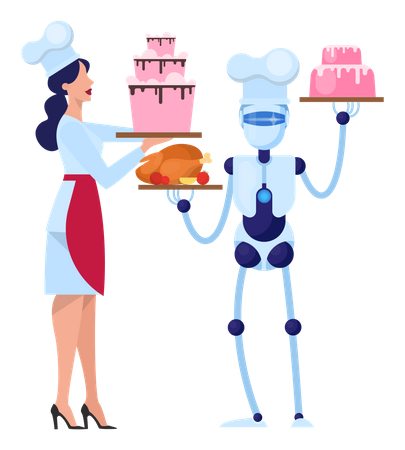 Chef robot cuisinant un gâteau savoureux dans la cuisine avec une femme  Illustration