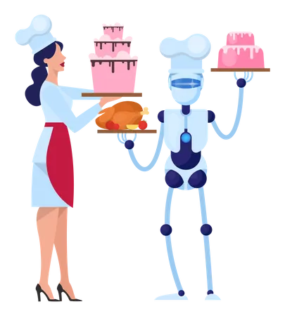 Chef robot cuisinant un gâteau savoureux dans la cuisine avec une femme  Illustration