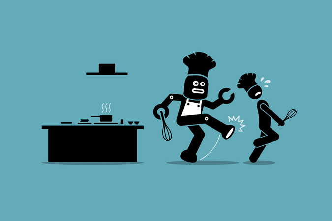 Robot chef kicks away a human chef from doing his job at kitchen Illustration