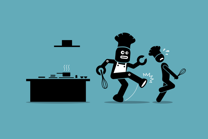 Robot chef kicks away a human chef from doing his job at kitchen  Illustration