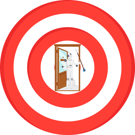 Robot cleaner with feather duster in doorway inside red target for automation and domestic service  Illustration