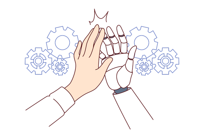 Un robot collaboratif fait un geste de « high five » après avoir terminé une tâche avec succès  Illustration