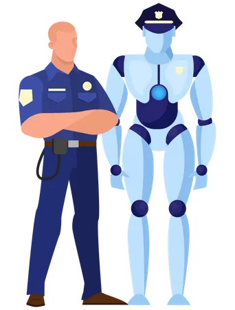 Robot Como Policia Idea De Inteligencia Artificial Y Tecnologia Futurista Caracter Robotico Ley Y Autoridad Ilustracion De Vector Plano Aislado Ilustración