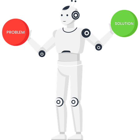 Robot comparing problem and solution concepts with artificial intelligence. Technology for business decision making, choice, and innovation. Illustration