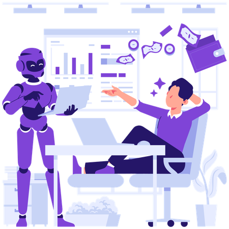 Robot completes pending tasks of businessman  Illustration
