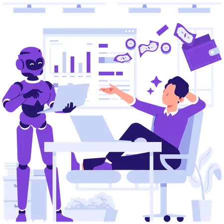 Robot completes pending tasks of businessman  Illustration