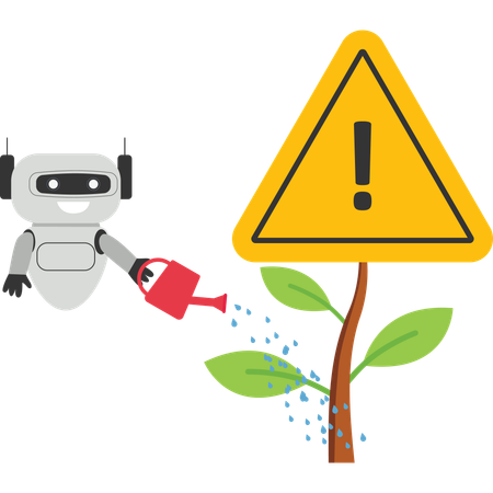 Robot con inteligencia artificial termina de regar la plántula en crecimiento con un signo de exclamación de atención.  Ilustración