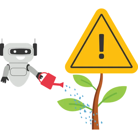 Robot con inteligencia artificial termina de regar la plántula en crecimiento con un signo de exclamación de atención.  Ilustración