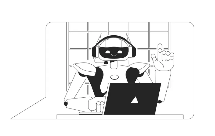 Chat Bot At Laptop Black And White 2 D Line Cartoon Character Robot Consulting Customers Isolated Line Vector Personage White Background Artificial Intelligence Monochromatic Flat Spot Illustration Illustration