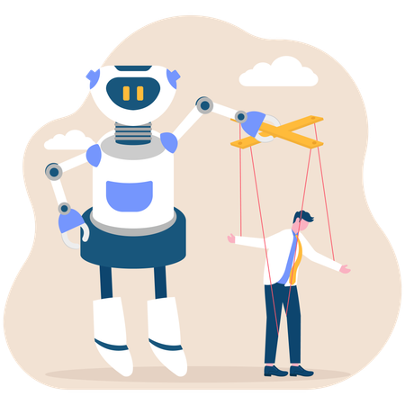 Robot controlling puppet businessman hanging on strings  Illustration