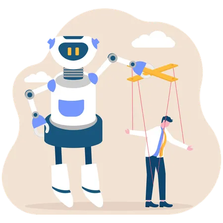 Robot controlling puppet businessman hanging on strings  Illustration