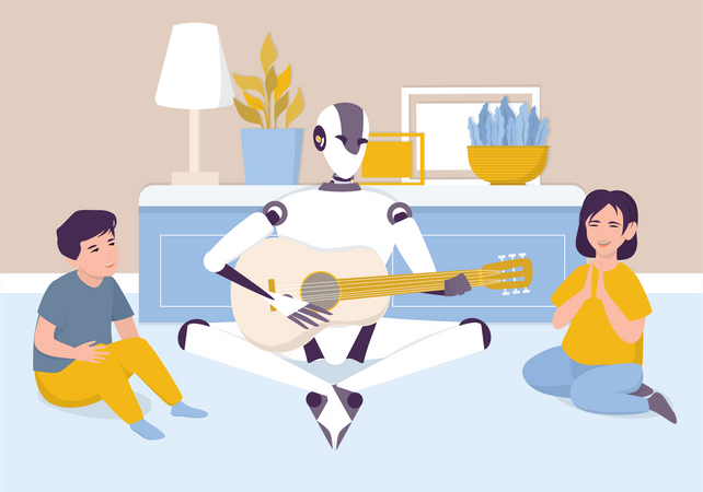 Robot de inteligencia artificial tocando la guitarra para niños  Ilustración