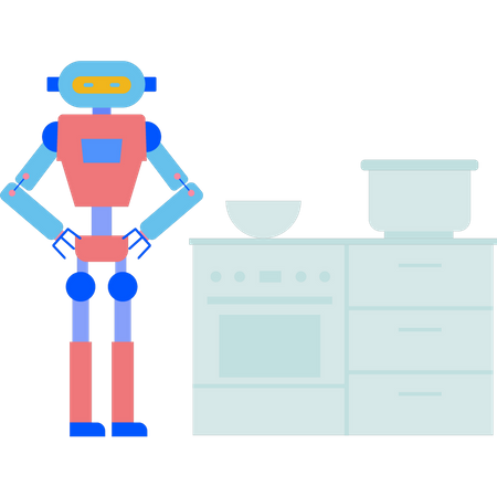 Robot de pie en la cocina  Ilustración