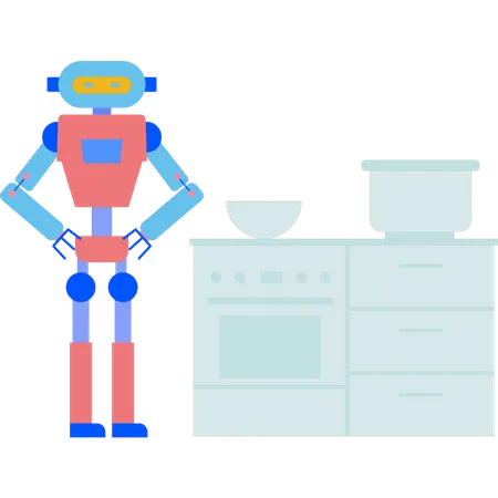 Robot de pie en la cocina  Ilustración