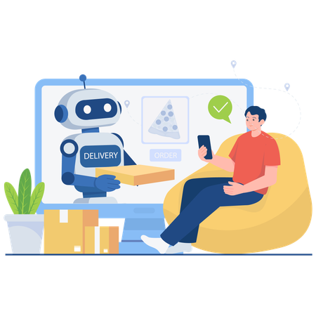 Robot Delivering Pizza Order Online  Illustration