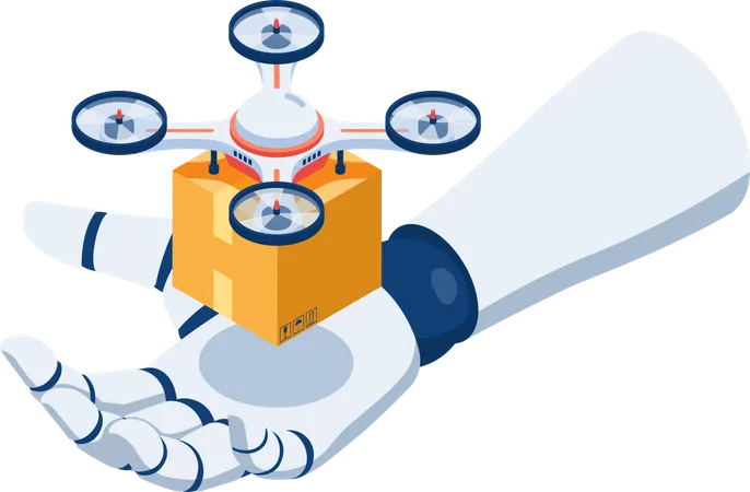 Flat 3 D Isometric AI Artificial Intelligence Robot Hand Holding Quadcopter Or Drone With A Package Ai Artificial Intelligence And Drone Delivery Concept Illustration