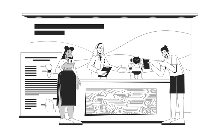 Robot demo at science fair booth with engaged diverse attendees  Illustration