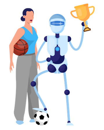Deportista robot y mujer con pelota  Ilustración