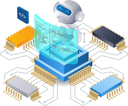 Tecnología de alojamiento de servidores de datos en la nube para desarrolladores de robots  Ilustración