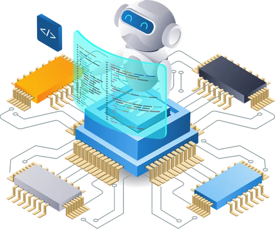 Tecnología de alojamiento de servidores de datos en la nube para desarrolladores de robots  Ilustración