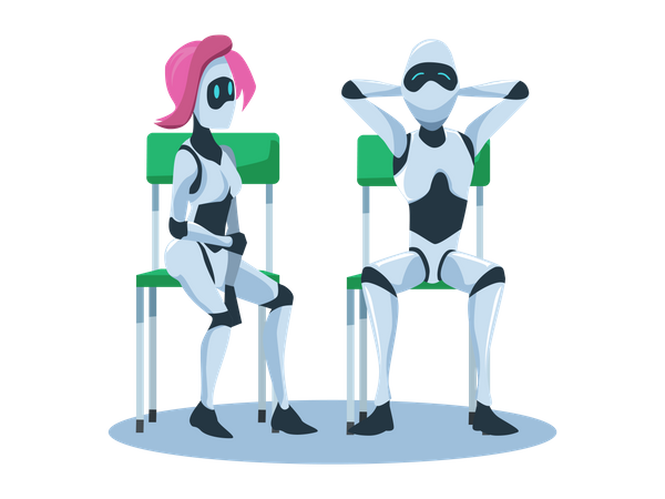 Robot masculin et féminin détendu assis sur une chaise  Illustration