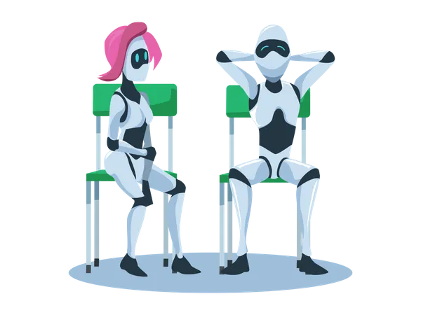 Robot masculin et féminin détendu assis sur une chaise  Illustration