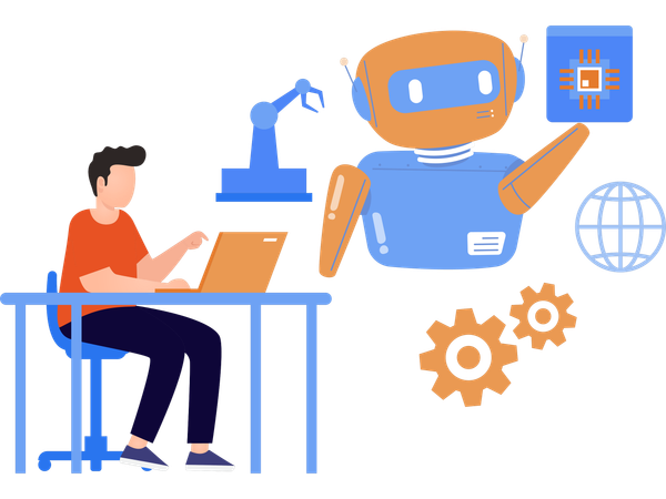 Robot development helps employee in performing tasks  Illustration