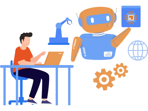 Robot development helps employee in performing tasks  Illustration